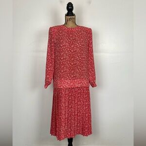 Henry Lee 80s 90s Ditsy Floral Midi Dress 10 Petite Red Pleated Vintage Prairie